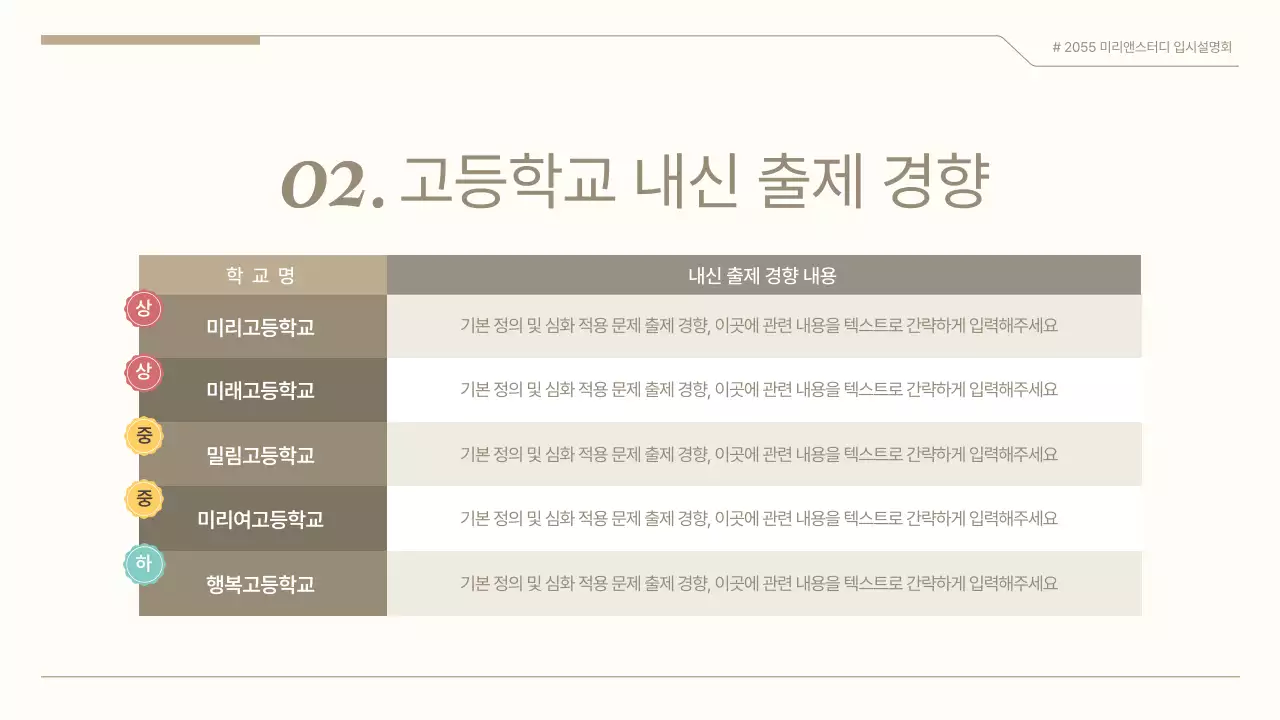 갈색의 모던한 입시 설명회 발표자료