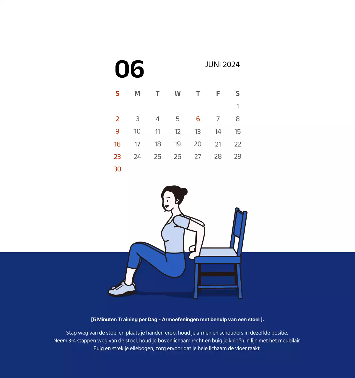 Eenvoudige kalender met strakke illustraties in blauw