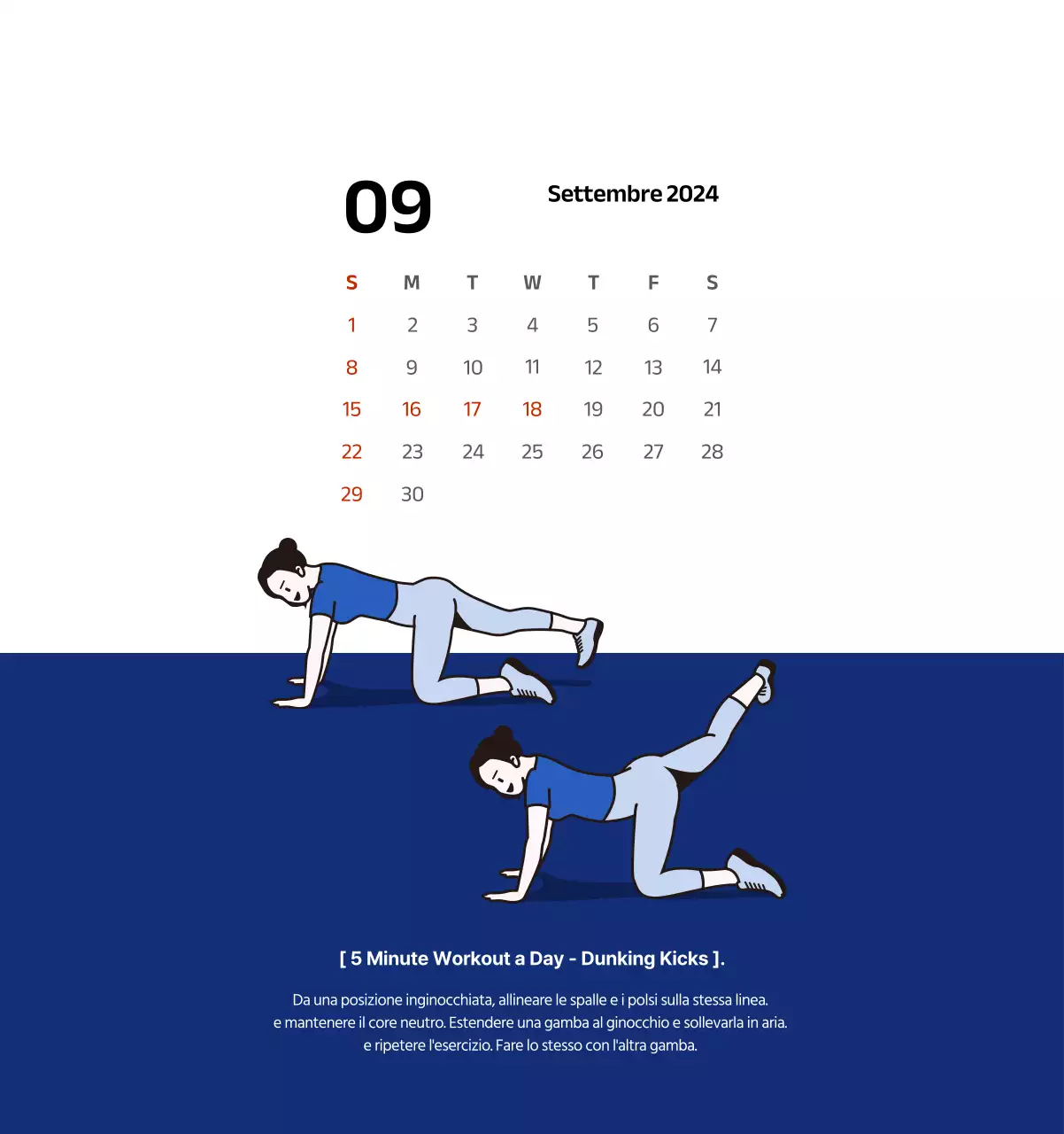 Calendario semplice con illustrazioni pulite in blu