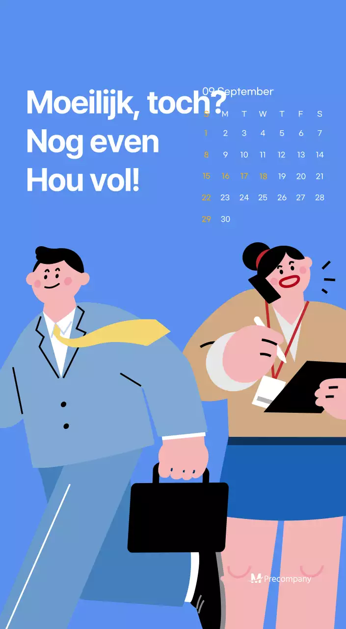 Motiverende kalender met energieke illustraties en positieve citaten op een lichtblauwe achtergrond