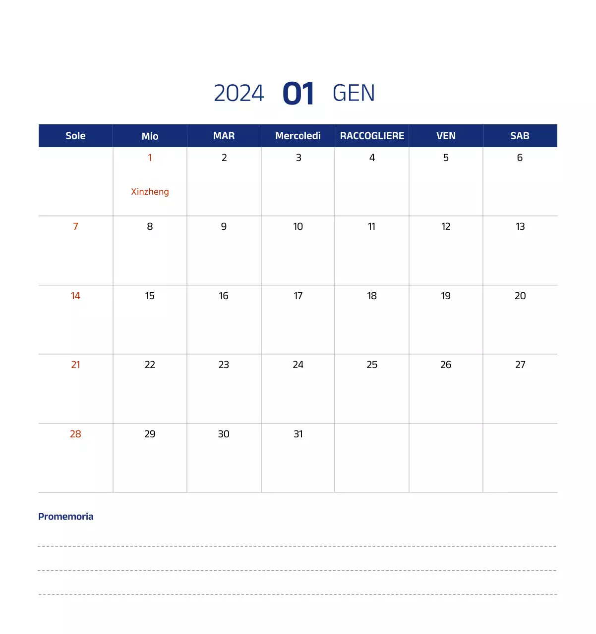 Calendario semplice con illustrazioni pulite in blu