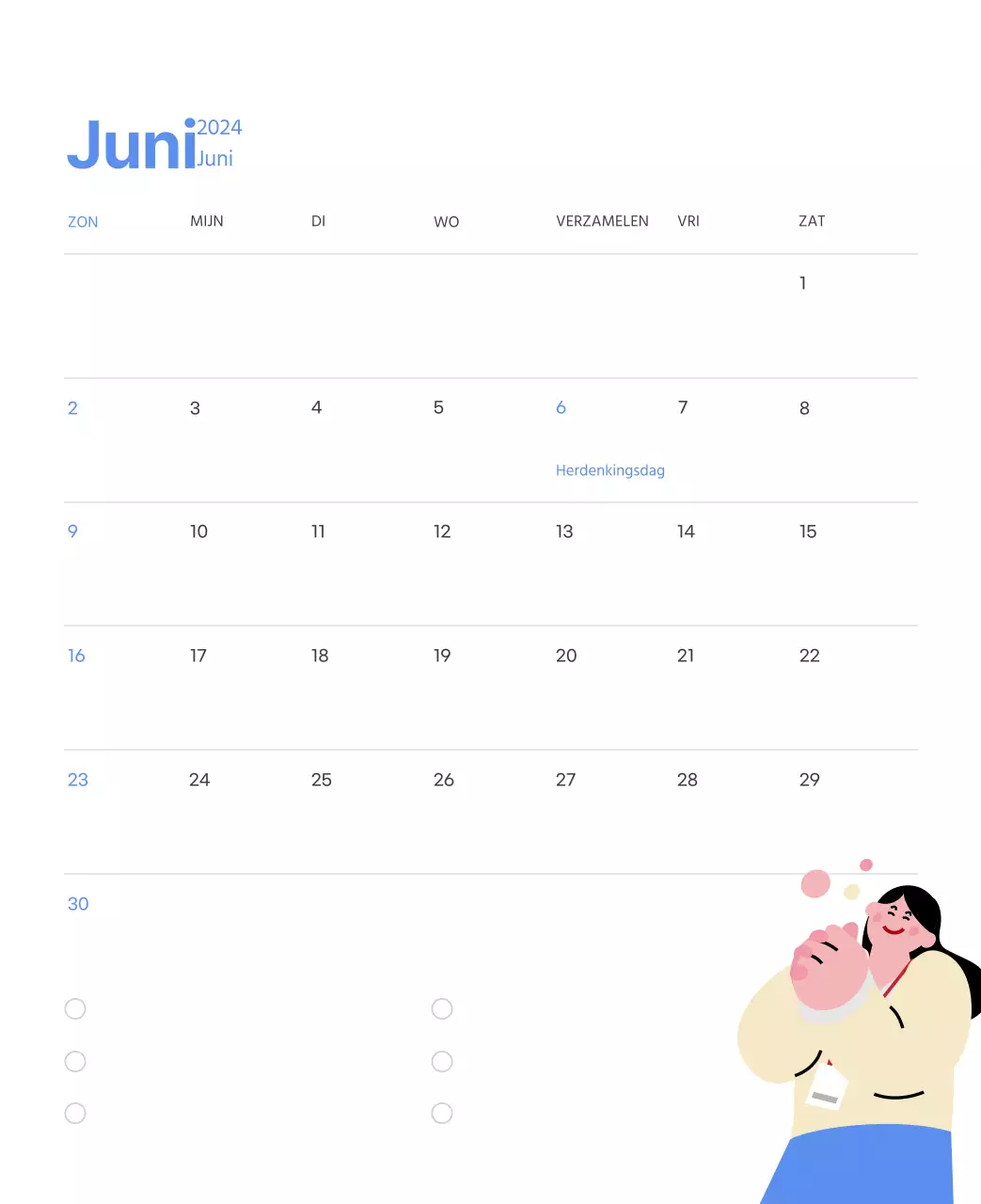 Motiverende kalender met energieke illustraties en positieve citaten op een lichtblauwe achtergrond