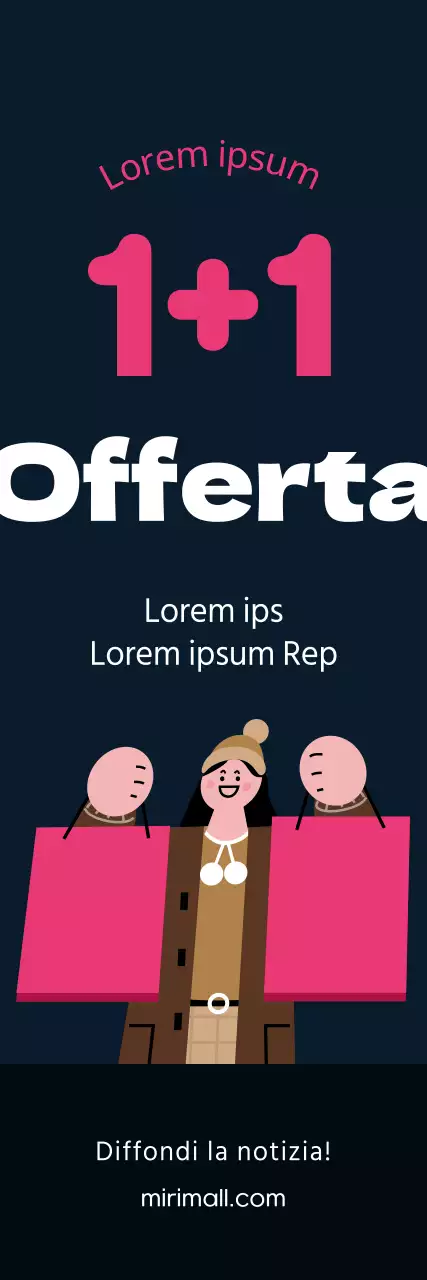 Promozione invernale che enfatizza l'acquisto di un prodotto gratuito con l'illustrazione di una persona che trasporta una borsa della spesa con punti rosa su sfondo nero.