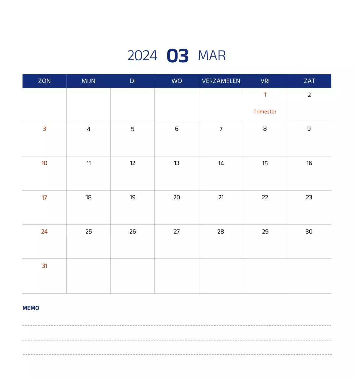 Eenvoudige kalender met strakke illustraties in blauw