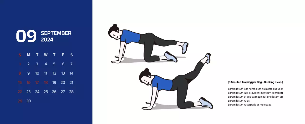 Eenvoudige kalender met strakke illustraties in blauw