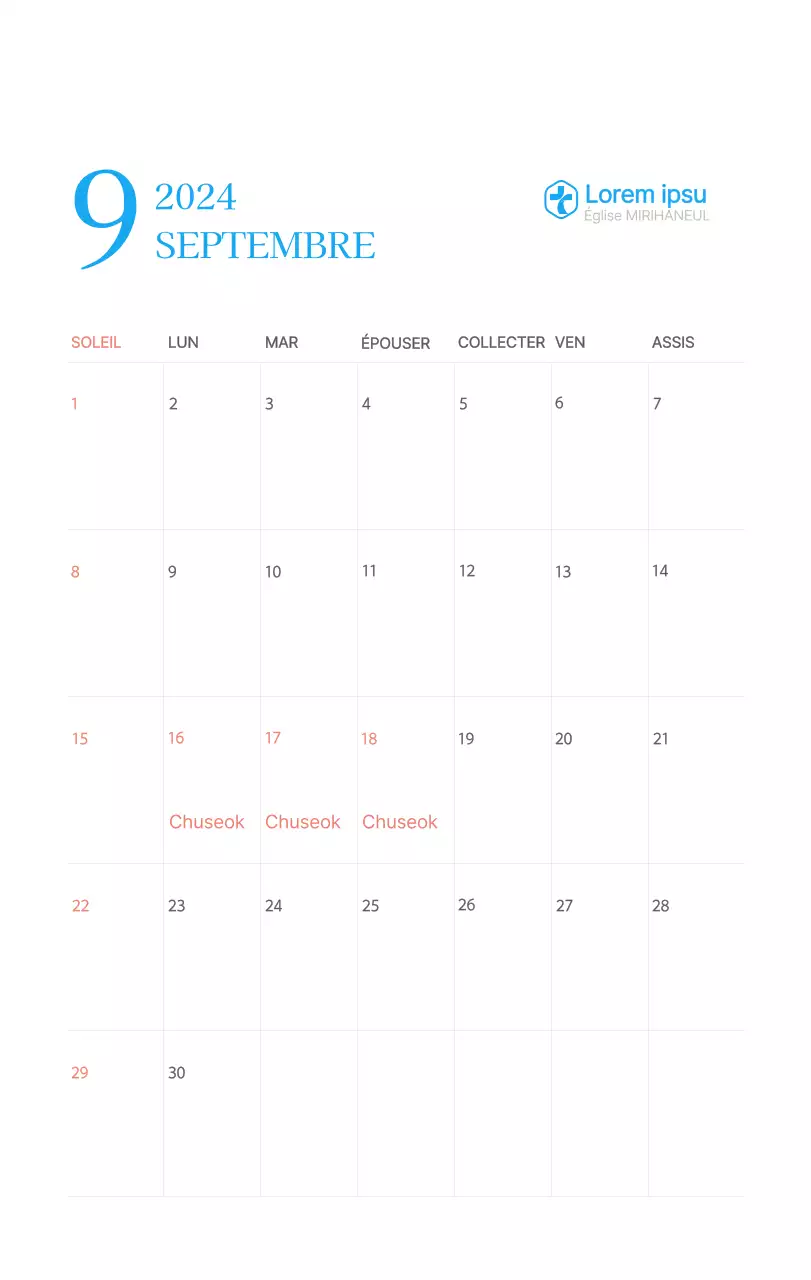 Calendrier d'église moderne bleu