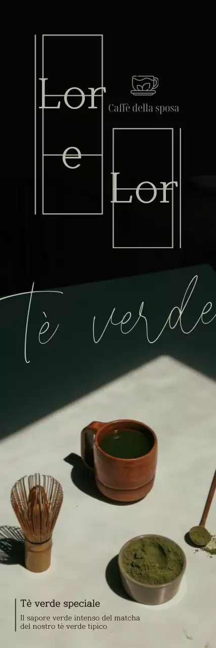 Il menu del tè verde di Cafe Green Tea è caratterizzato da un layout pulito e da accenti emotivi in corsivo inglese e carta manoscritta.