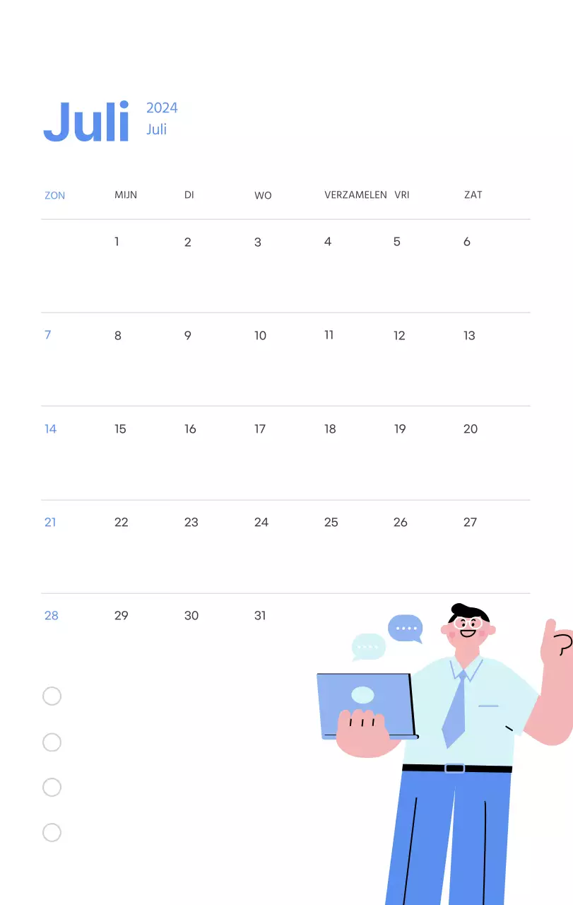 Motiverende kalender met energieke illustraties en positieve citaten op een lichtblauwe achtergrond