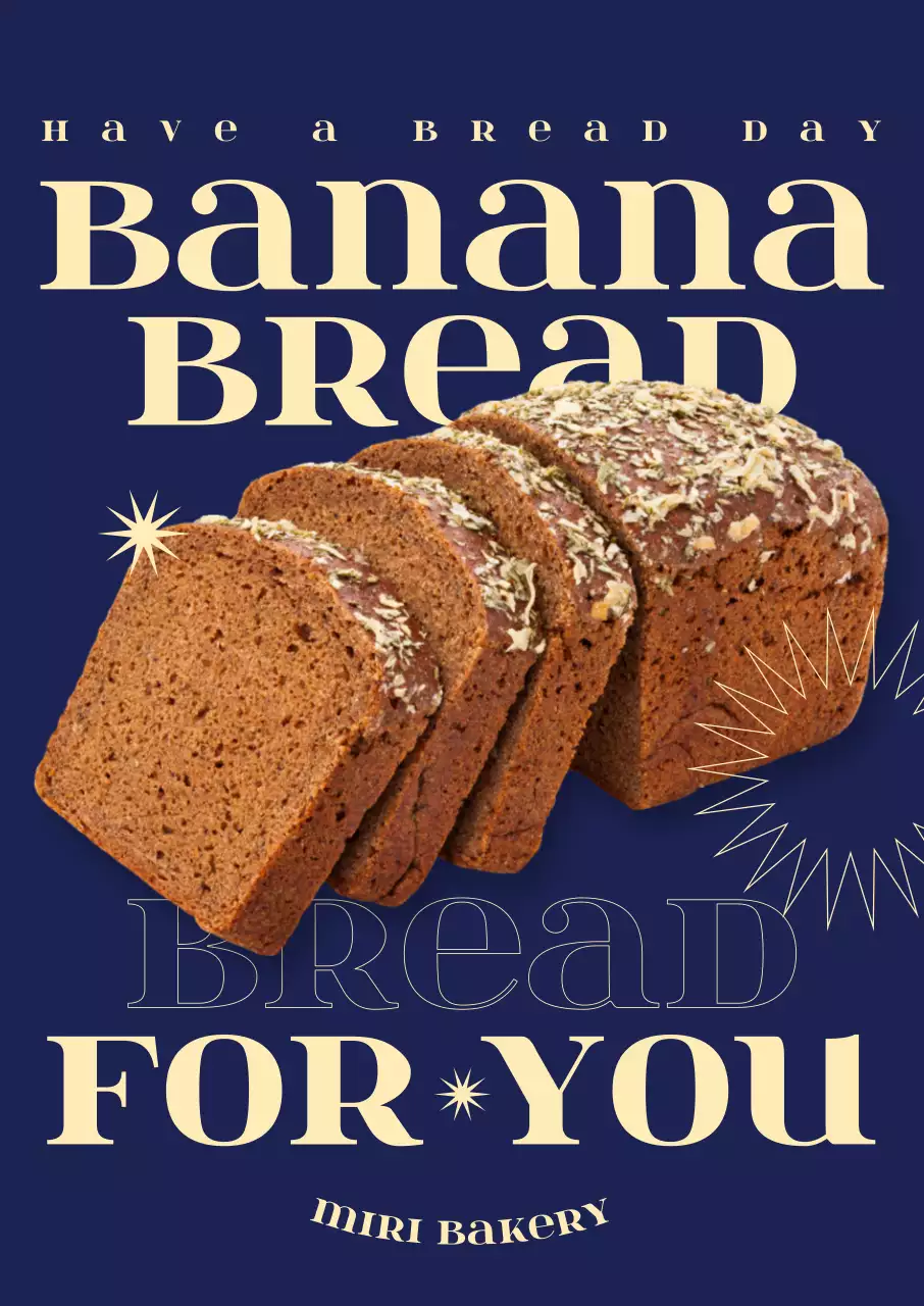 バナナブレッドパンの実写画像と大胆なテキストレイアウトと図形グラフィックでポイントをつけたカフェベーカリーメニュー。