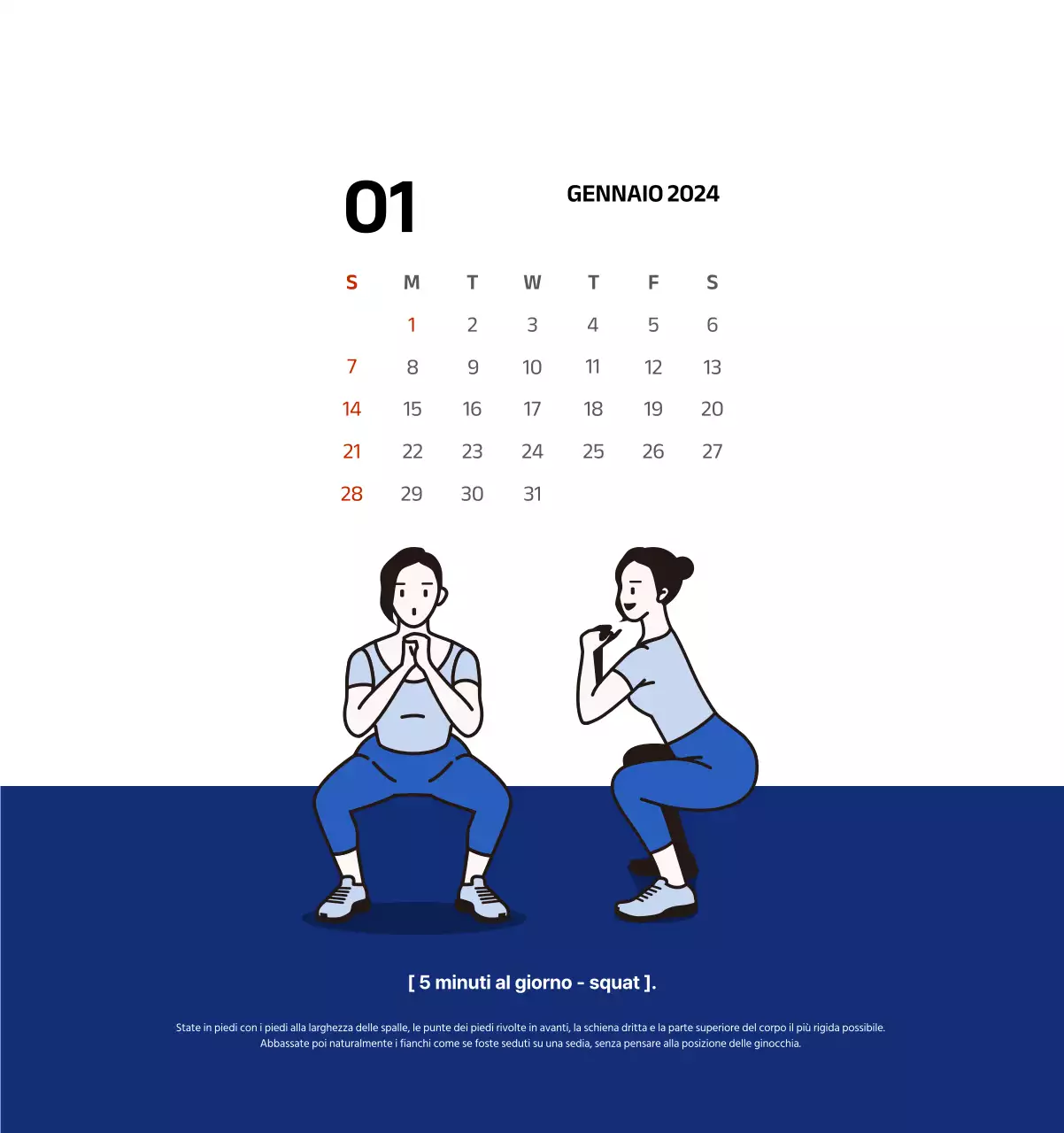 Calendario semplice con illustrazioni pulite in blu