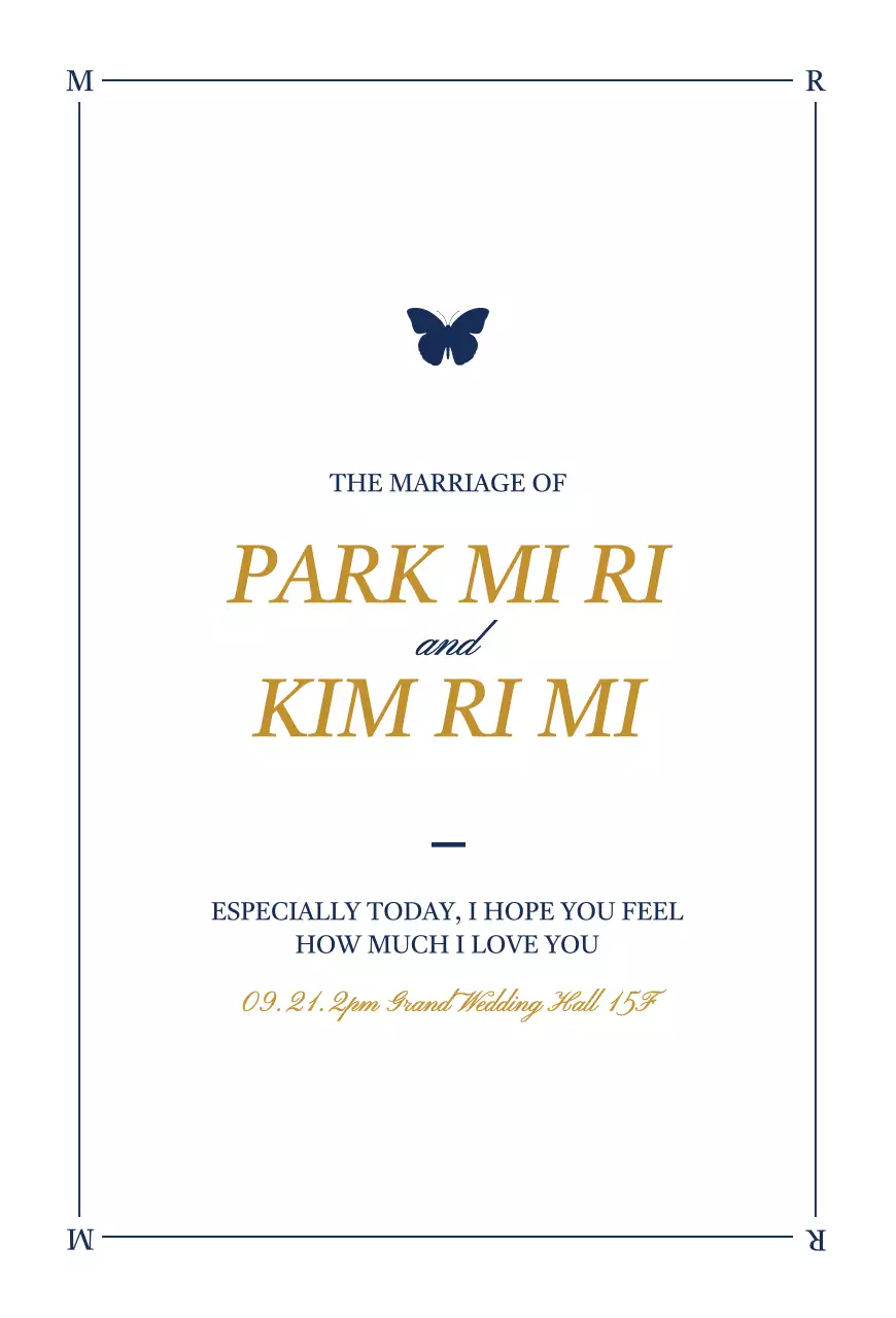 Convite de casamento de design elegante com ilustrações de borboletas em branco e azul-marinho