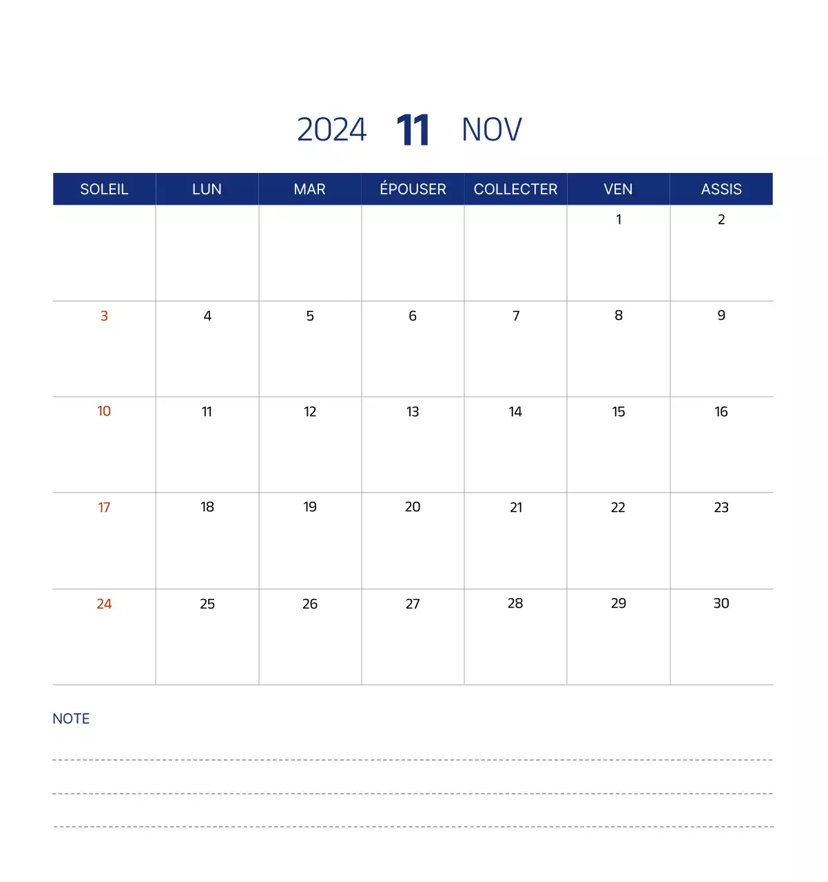 Calendrier simple avec des illustrations épurées en bleu