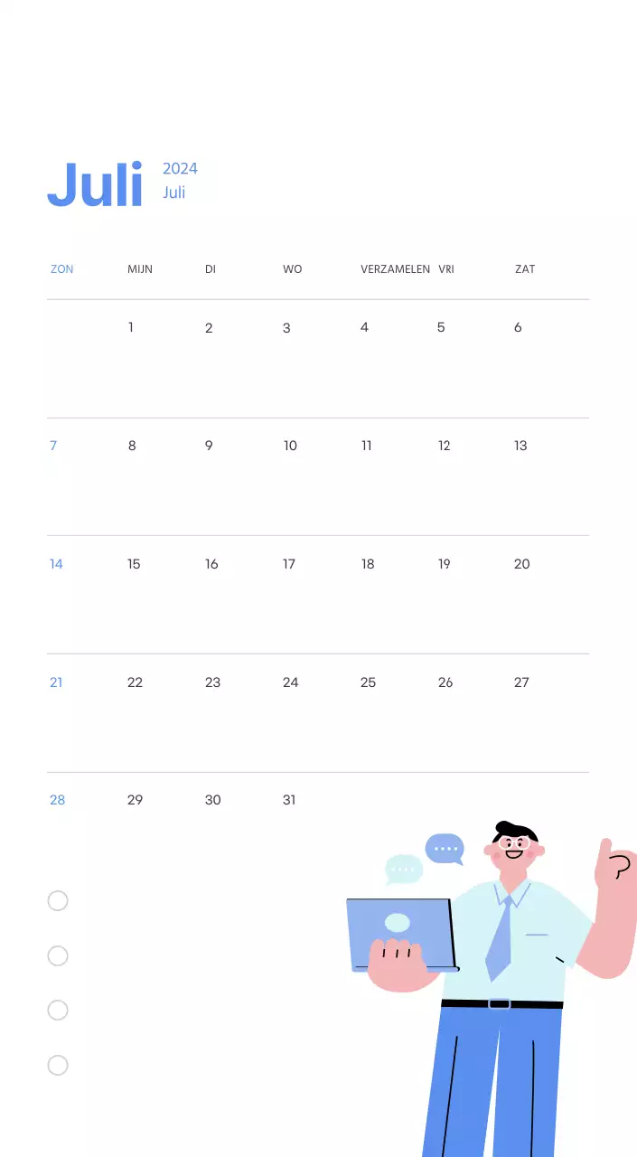 Motiverende kalender met energieke illustraties en positieve citaten op een lichtblauwe achtergrond