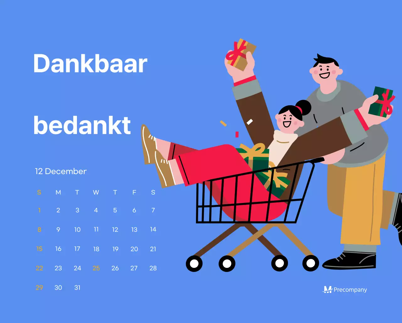 Motiverende kalender met energieke illustraties en positieve citaten op een lichtblauwe achtergrond