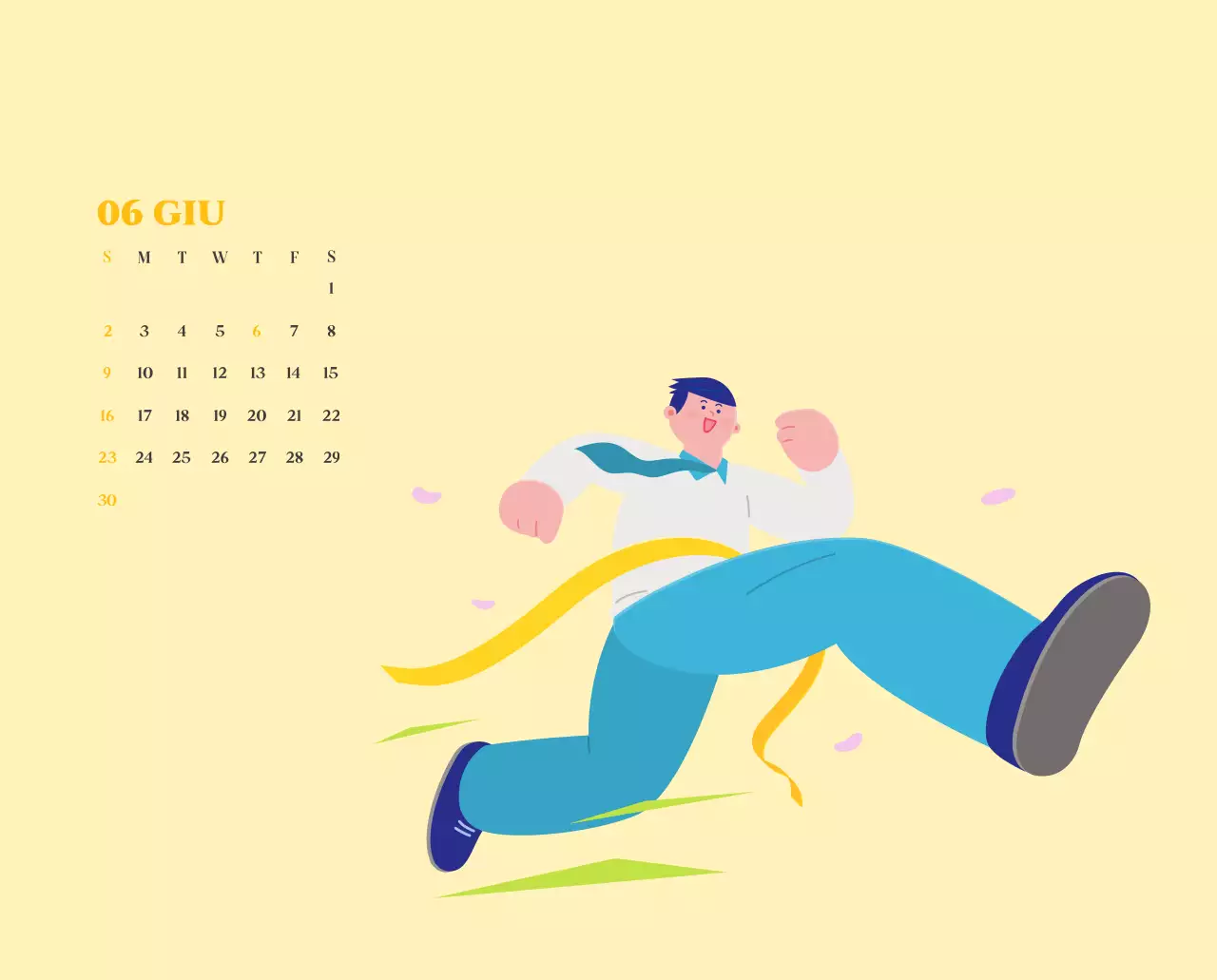 Calendario con illustrazioni giovanili su sfondo giallo e verde