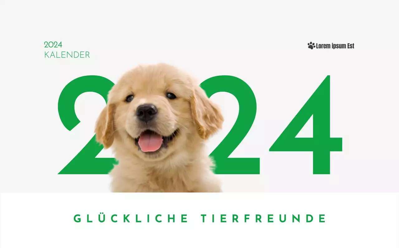Ein Kalender mit einem Bild eines Welpen und einer niedlichen Botschaft in grünen Akzenten