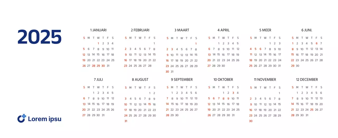 Eenvoudige kalender met strakke illustraties in blauw