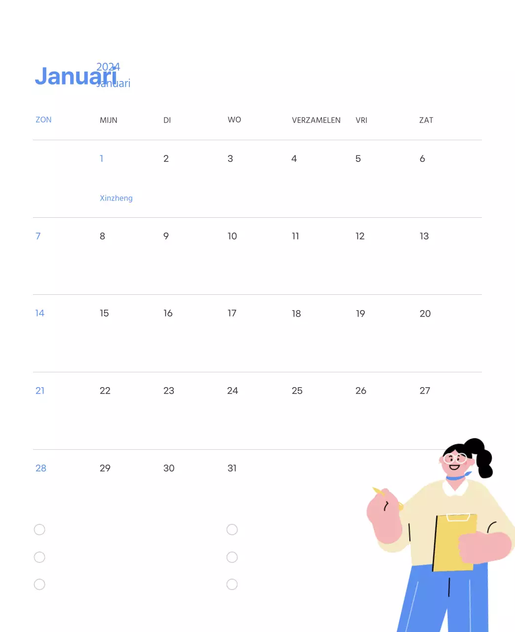 Motiverende kalender met energieke illustraties en positieve citaten op een lichtblauwe achtergrond