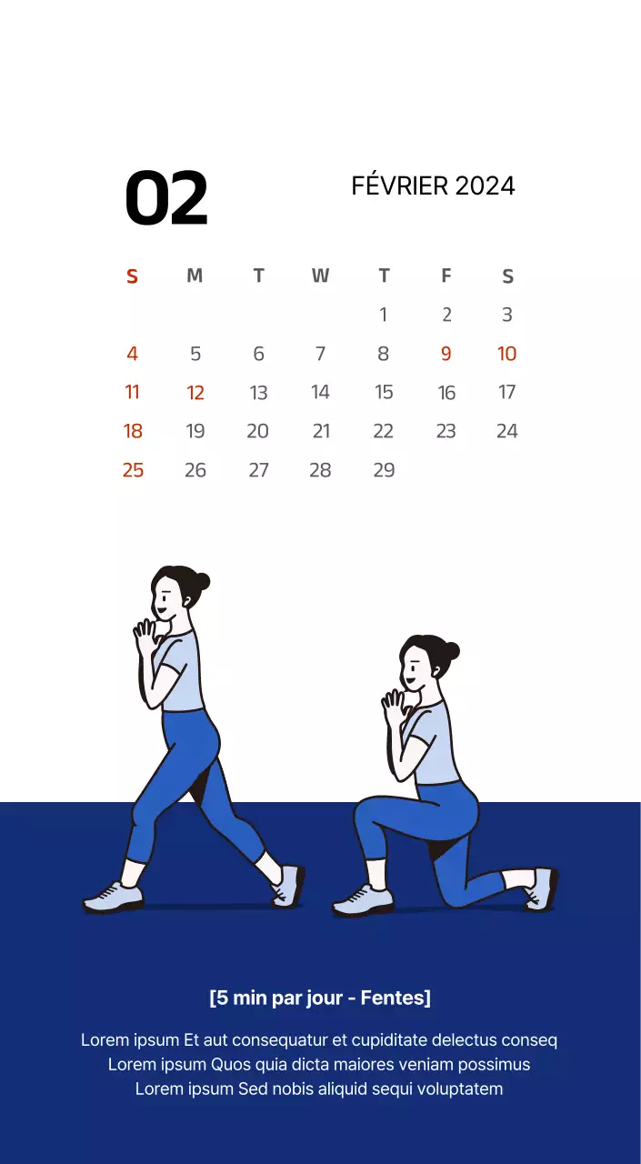 Calendrier simple avec des illustrations épurées en bleu