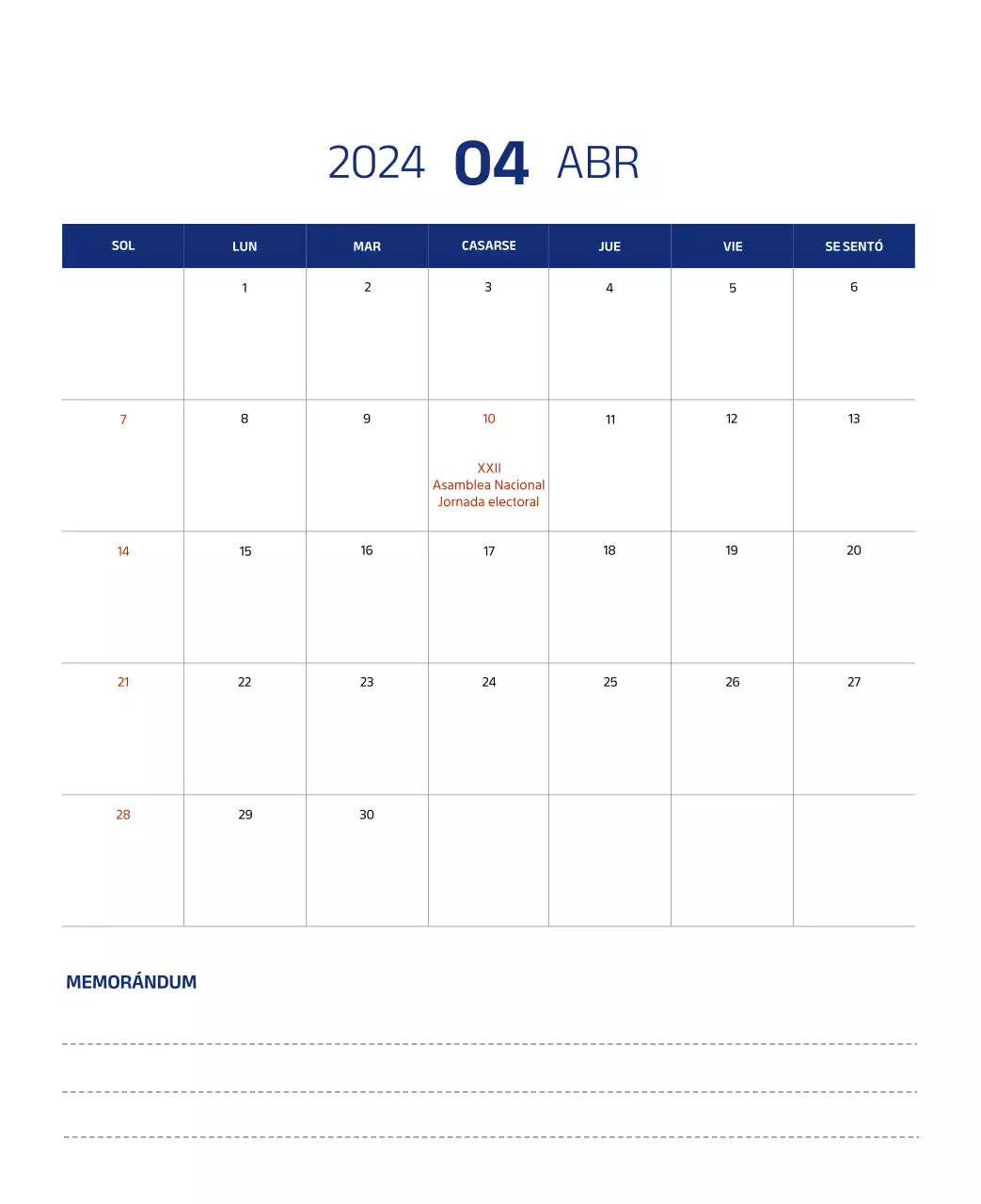 Calendario sencillo con ilustraciones limpias en azul
