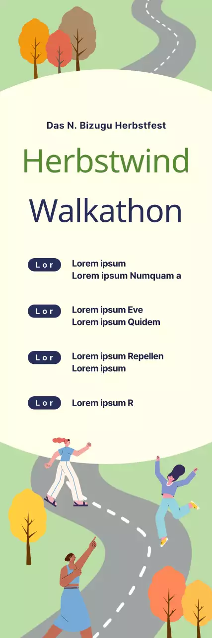 Banner für einen Herbstspaziergang mit weiblichen Figuren auf der Straße.
