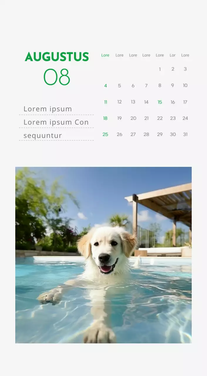 Een kalender met een afbeelding van een puppy en een schattige boodschap in groene accenten