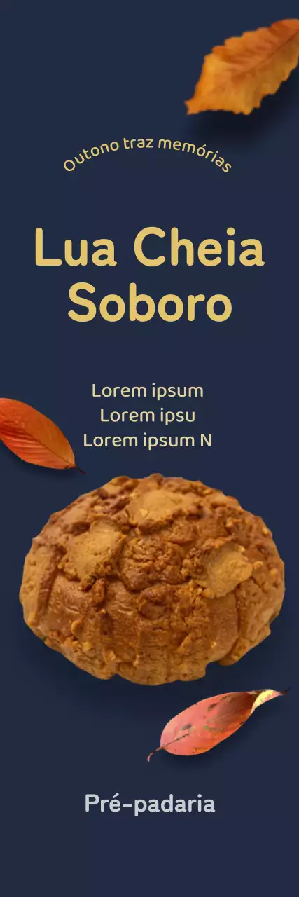 Promoção de um menu de padaria outonal com fotorrealismo de folhas caídas sobre um fundo azul-marinho