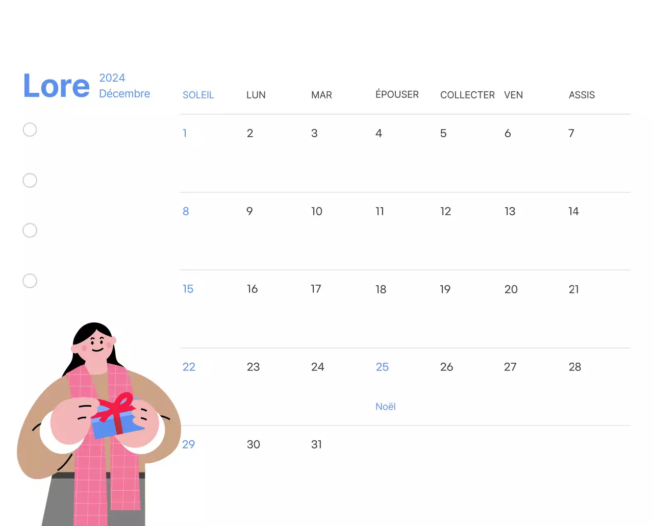 Calendrier de motivation avec des illustrations énergiques et des citations positives sur un fond bleu clair