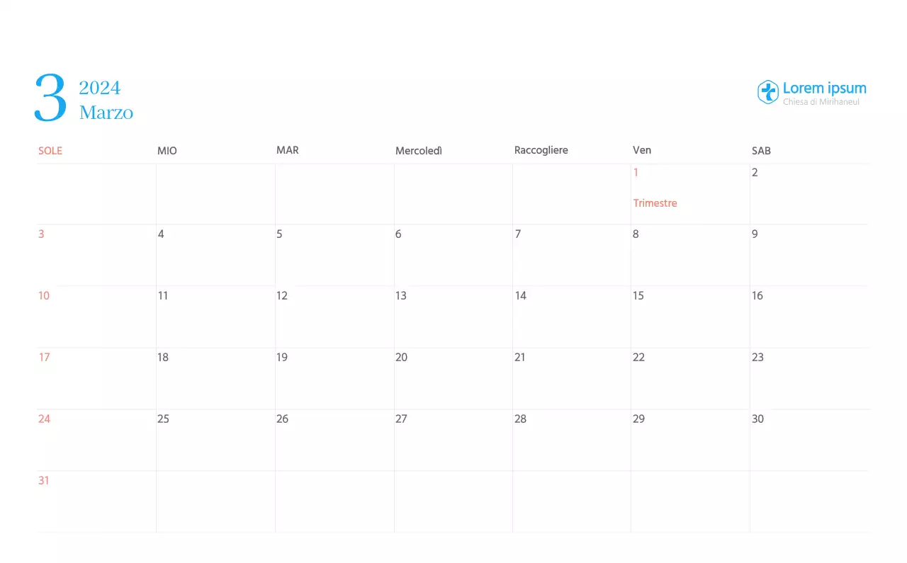 Calendario ecclesiastico blu di concezione moderna