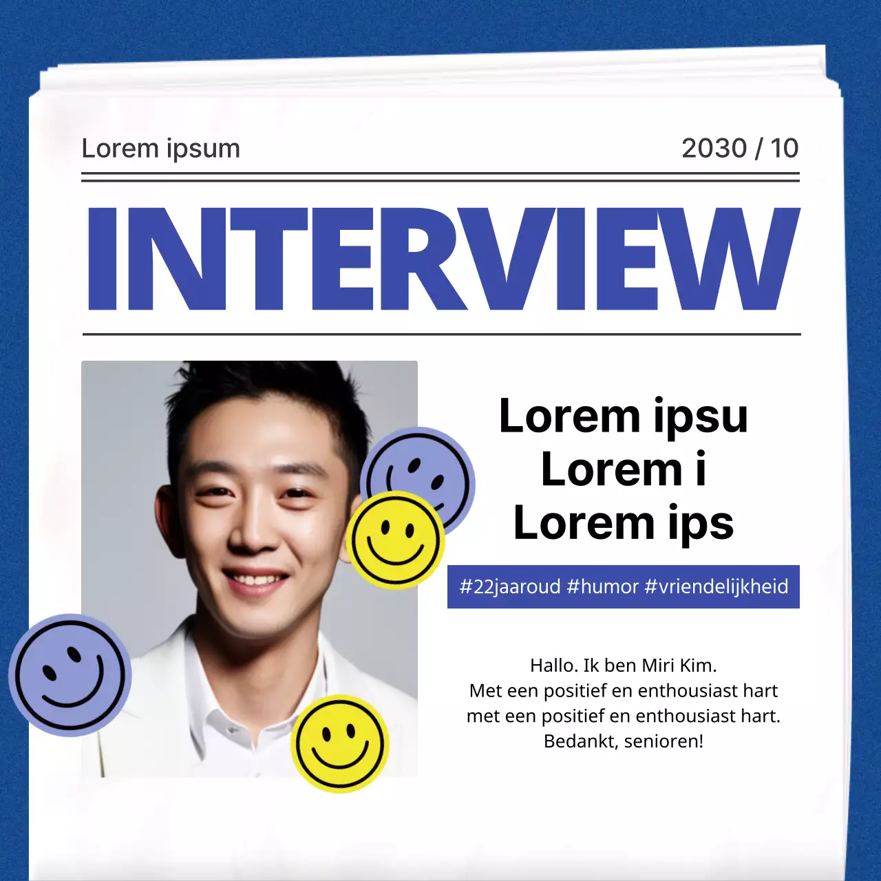 Een eenvoudige witte en blauwe aankondiging voor een sollicitatiegesprek