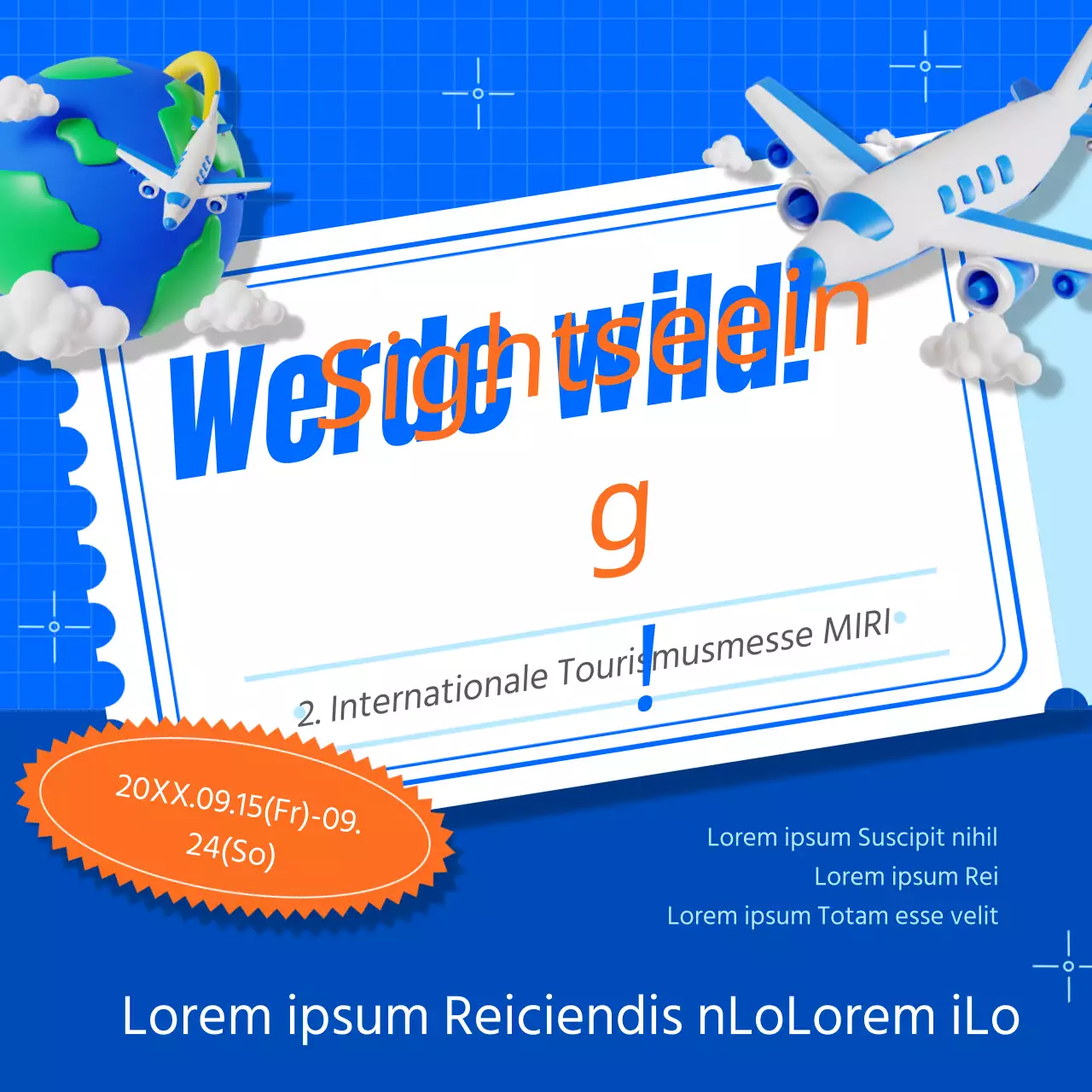 Förderung einer einfachen Tourismusmesse in Blau und Orange