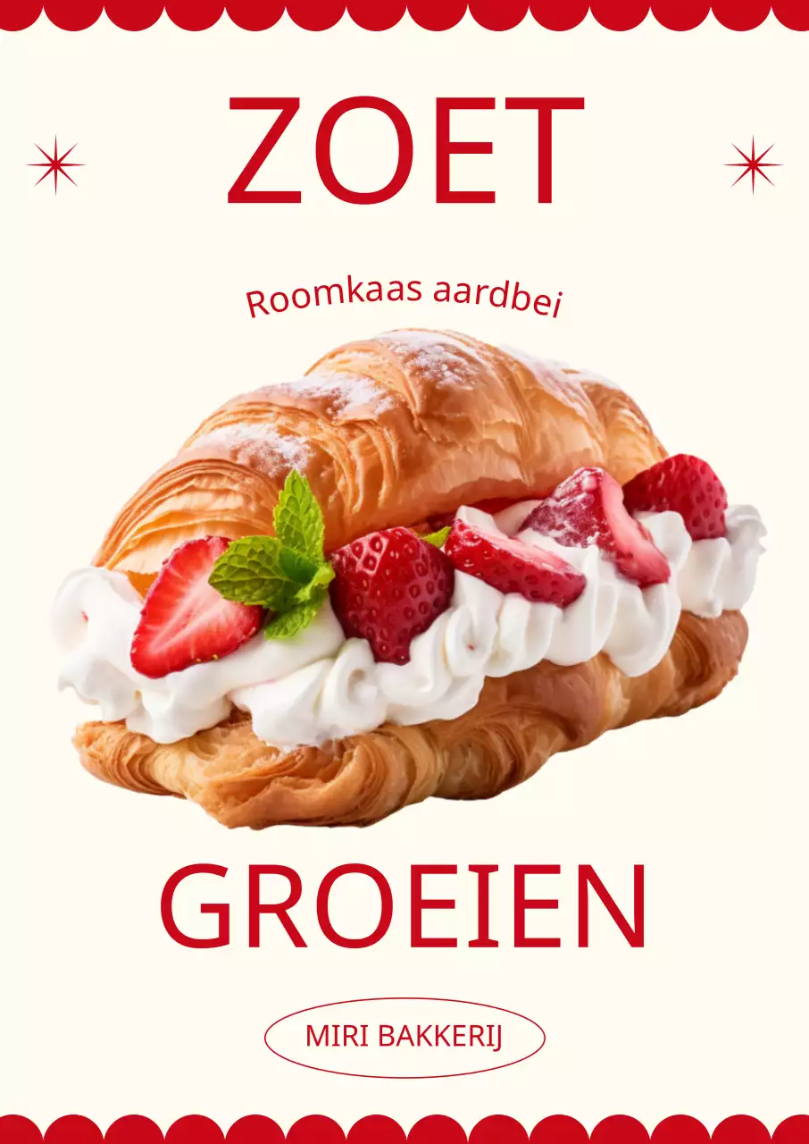Cafe bakkerij menu met fotorealistische afbeeldingen van croissant broodjes en vetgedrukte Engelse tekst en geometrische afbeeldingen