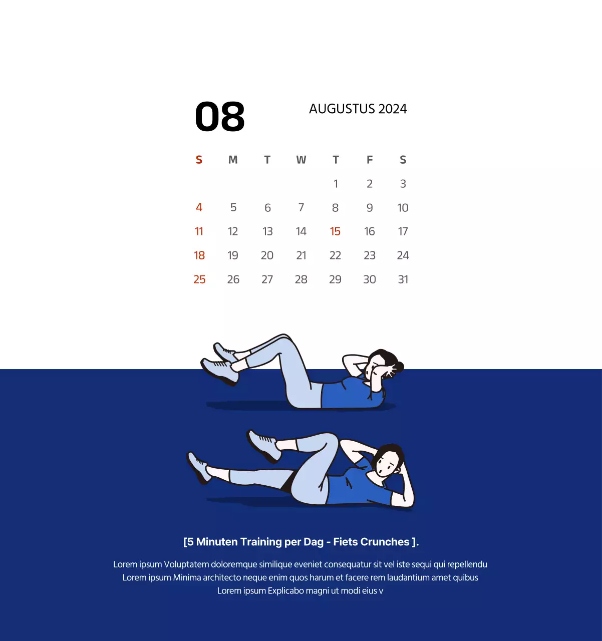 Eenvoudige kalender met strakke illustraties in blauw