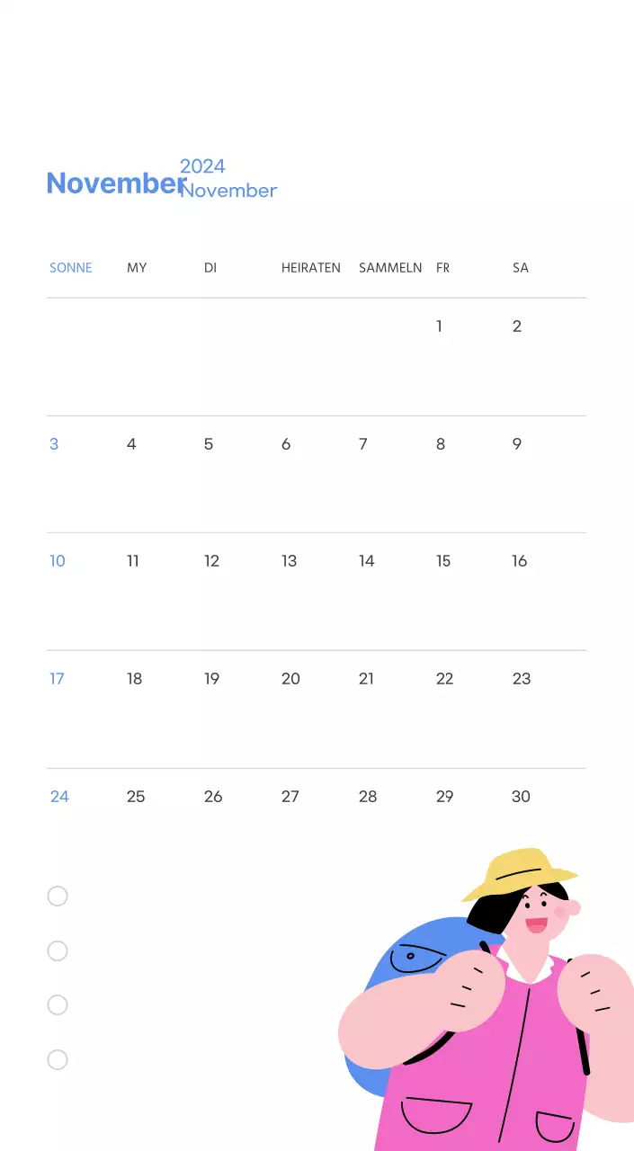 Motivationskalender mit energiegeladenen Illustrationen und positiven Zitaten auf hellblauem Hintergrund