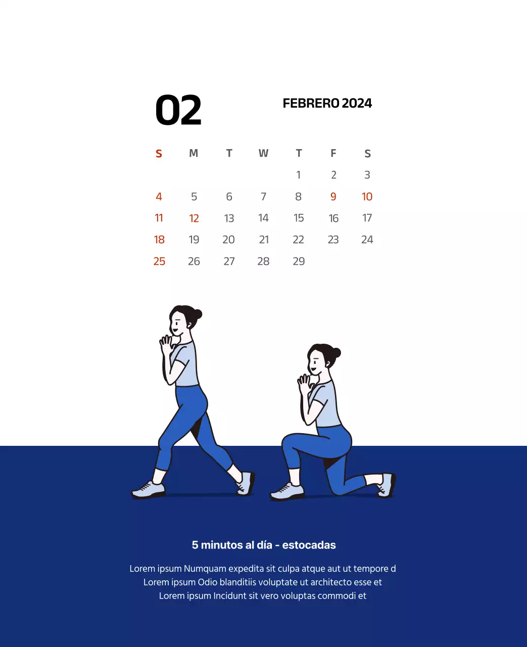 Calendario sencillo con ilustraciones limpias en azul