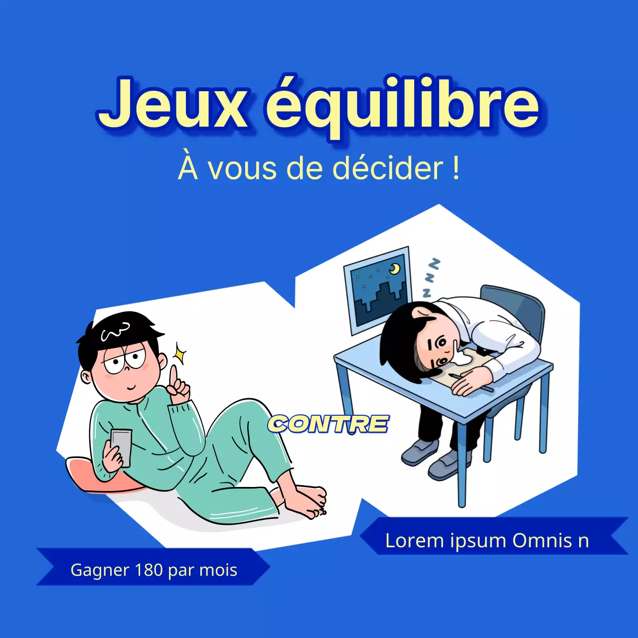 Publicité pour un jeu d'équilibre avec des bouteilles bleues et jaunes