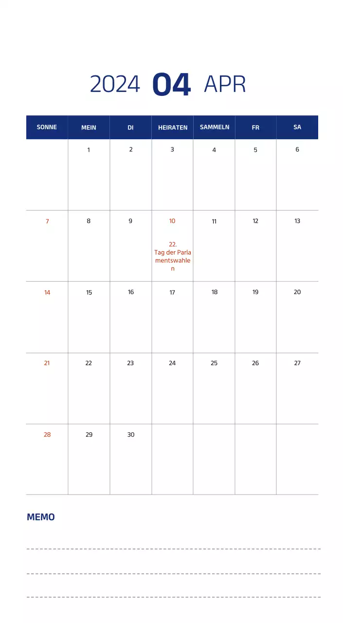 Einfacher Kalender mit klaren Illustrationen in Blau