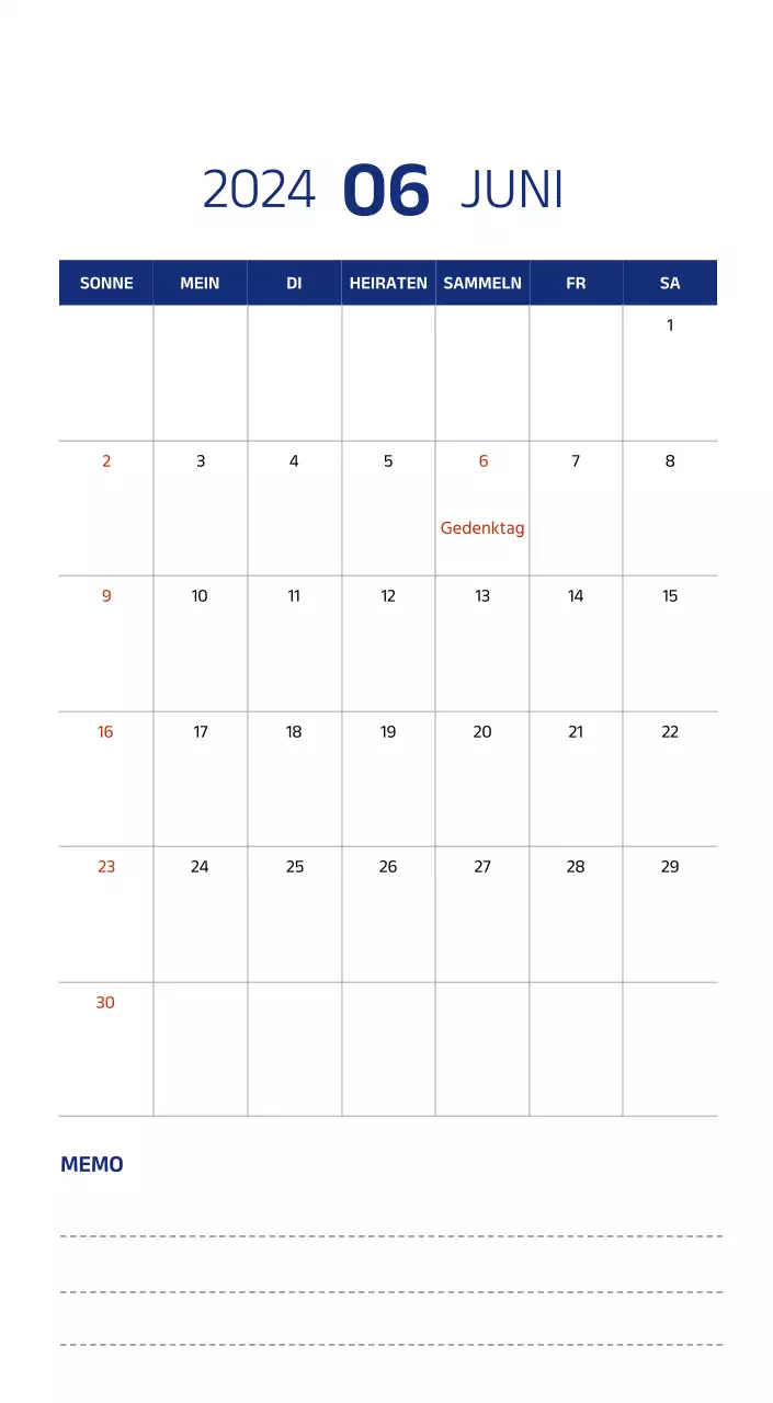 Einfacher Kalender mit klaren Illustrationen in Blau