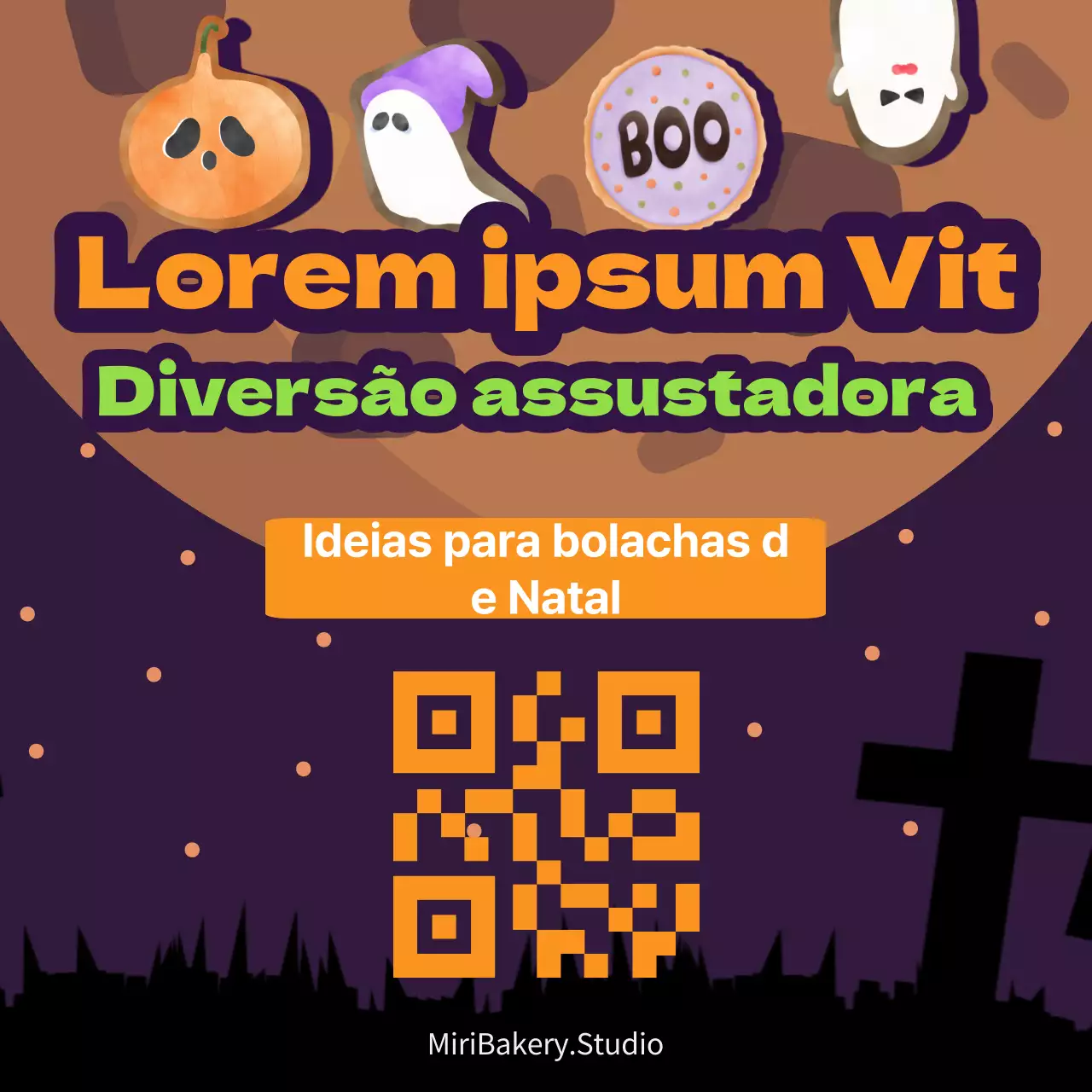 Fantástico anúncio de bolacha de Halloween em roxo e laranja