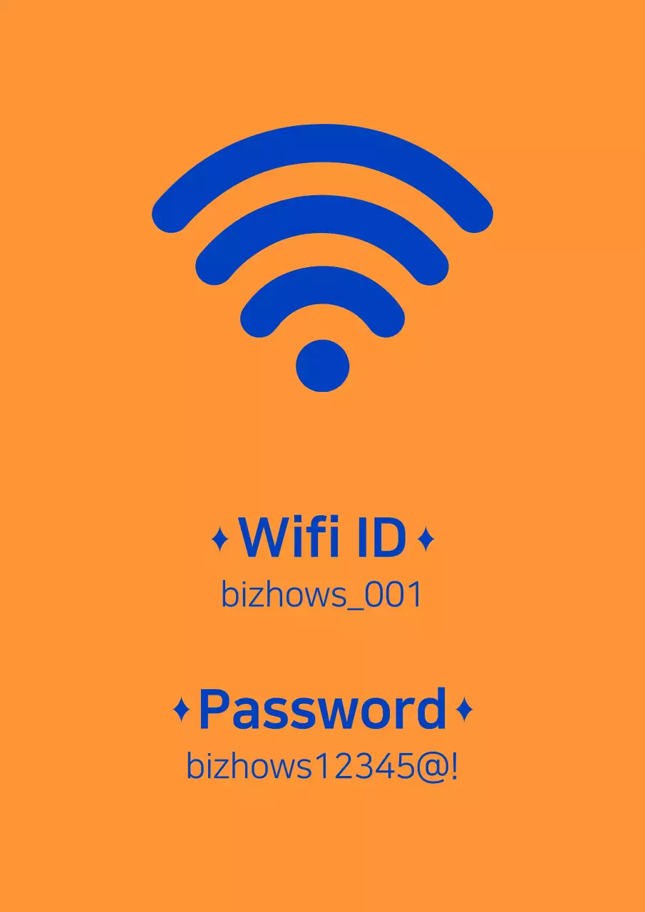 Stand informasi akun wifi salon kuku berwarna oranye dan biru