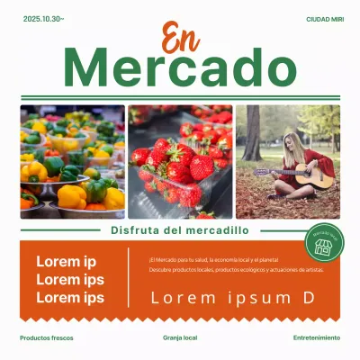Un sencillo folleto verde y rojo estilo periódico para promocionar su mercadillo