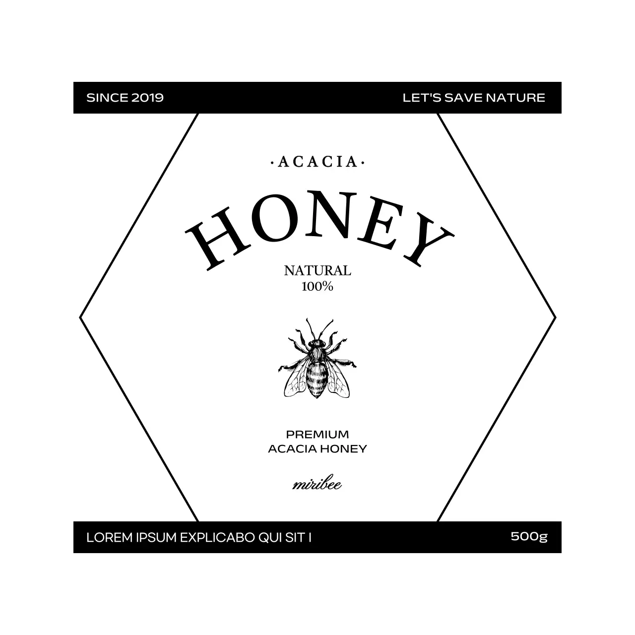 Label madu vintage yang sederhana dengan ilustrasi lebah hitam dan putih