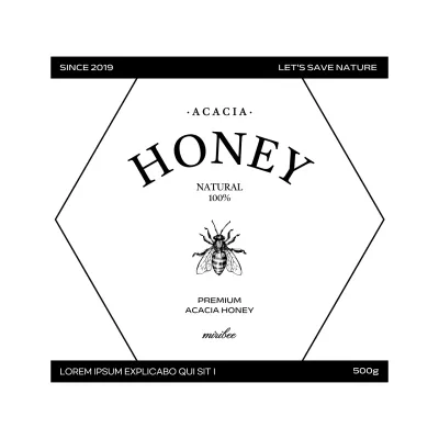 Label madu vintage yang sederhana dengan ilustrasi lebah hitam dan putih