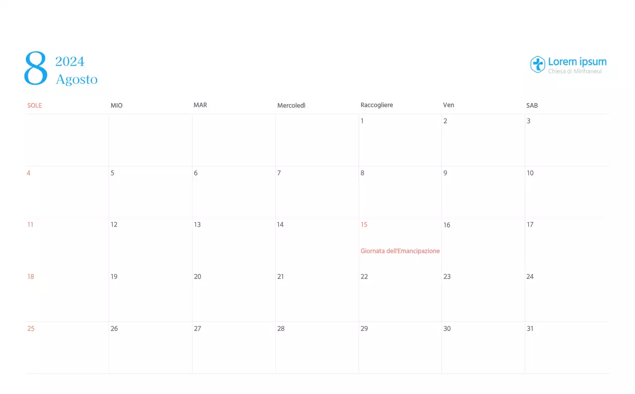Calendario ecclesiastico blu di concezione moderna