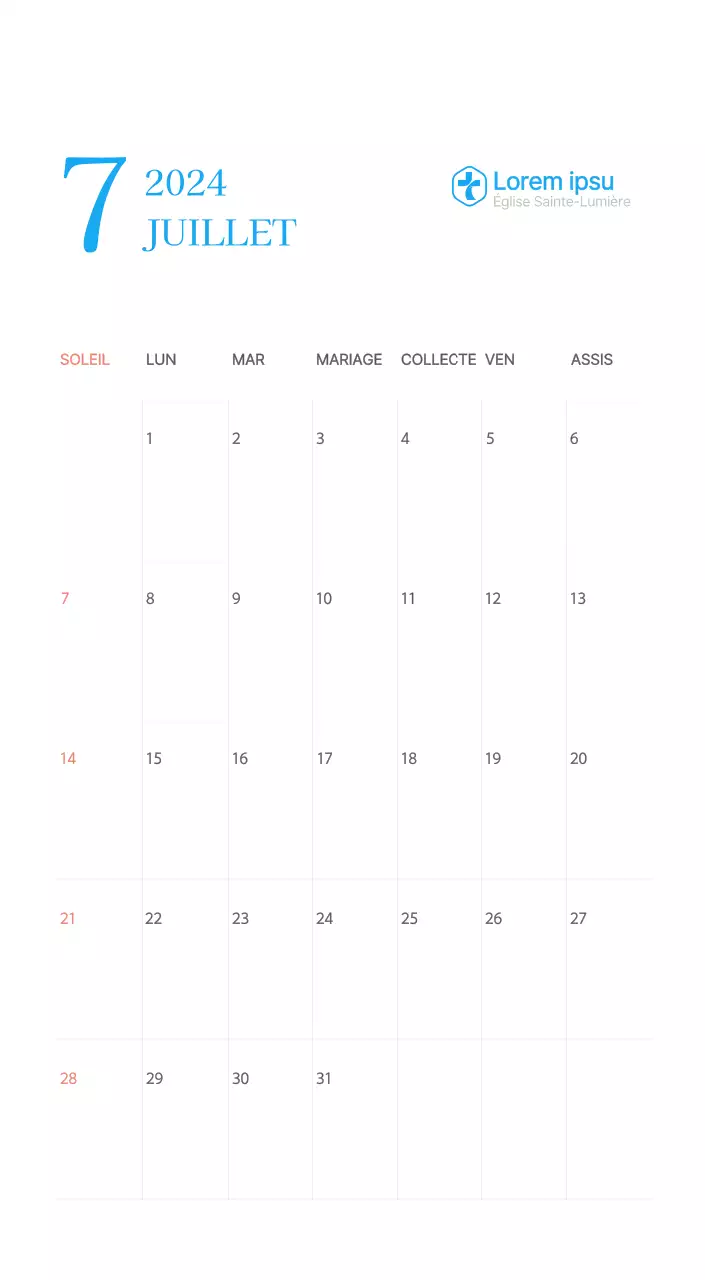 Calendrier d'église moderne bleu