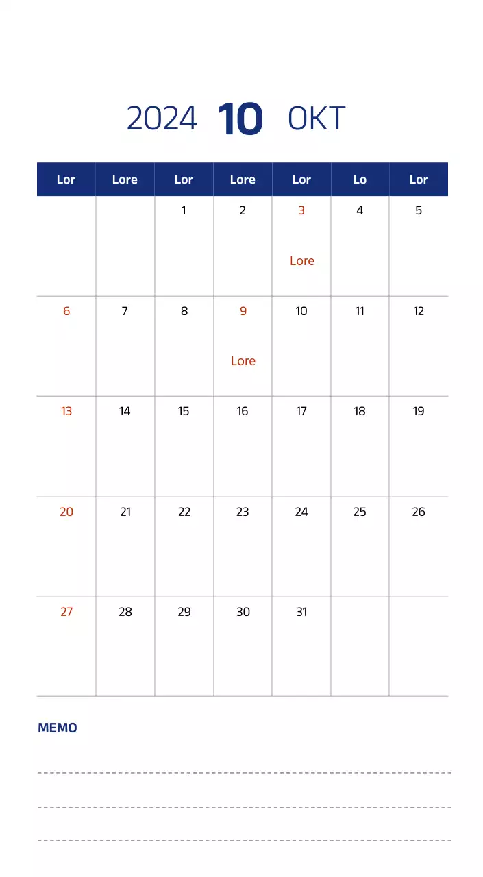 Einfacher Kalender mit klaren Illustrationen in Blau