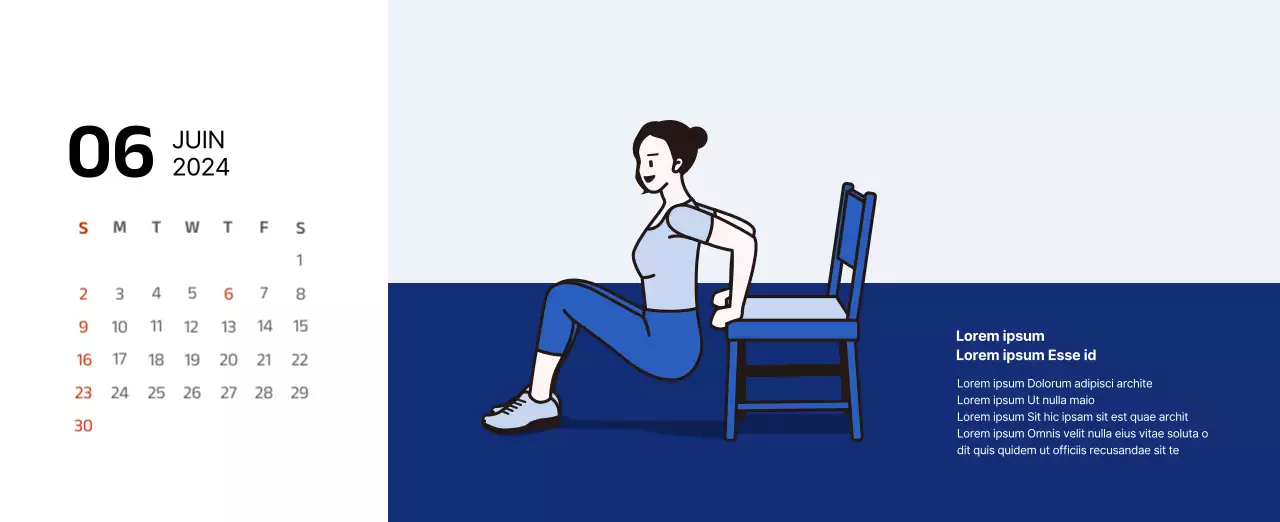 Calendrier simple avec des illustrations épurées en bleu