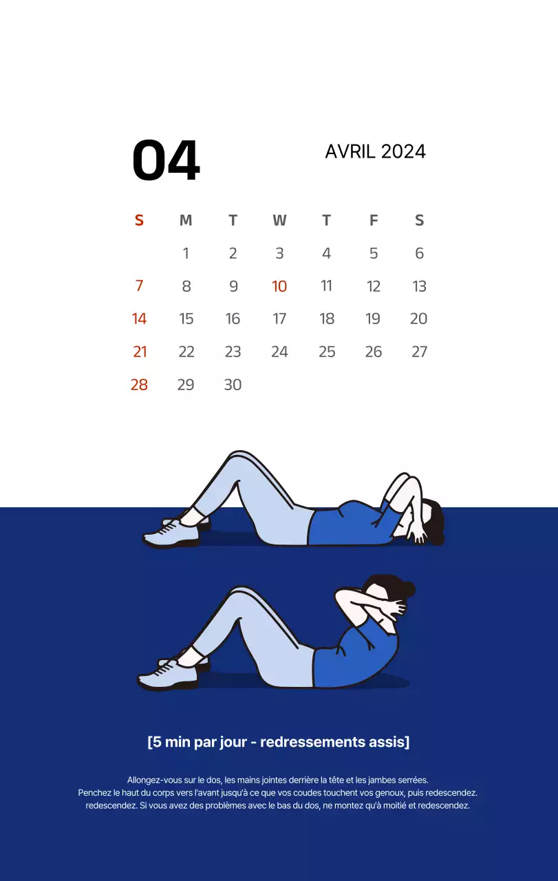 Calendrier simple avec des illustrations épurées en bleu