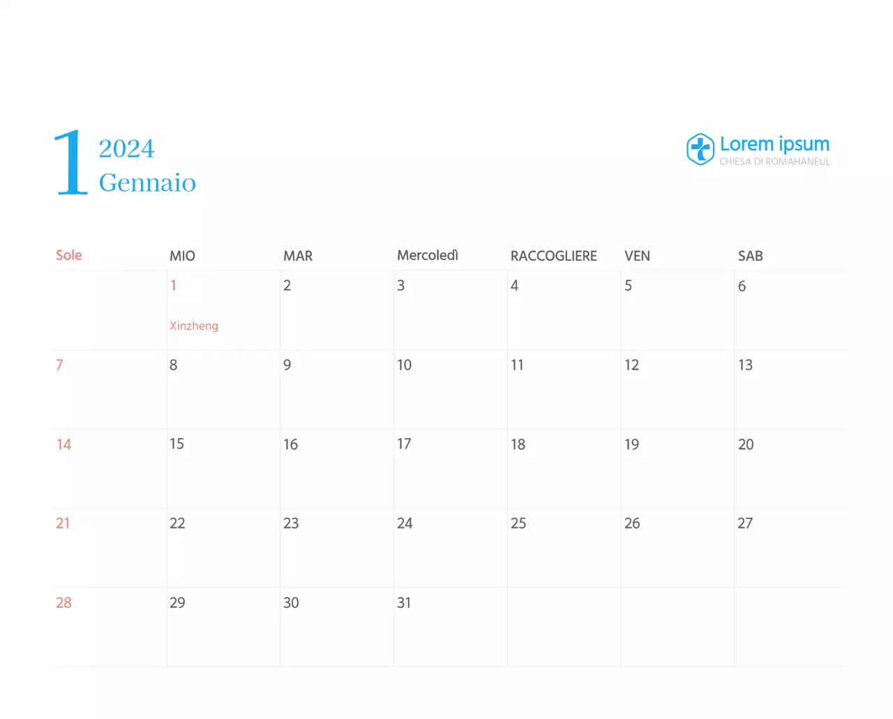 Calendario ecclesiastico blu di concezione moderna