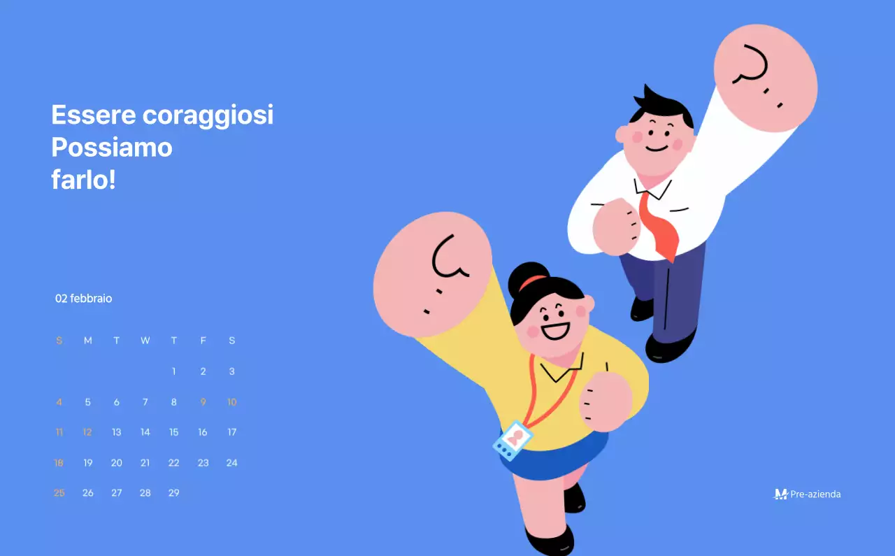 Calendario motivazionale con illustrazioni energetiche e citazioni positive su sfondo azzurro